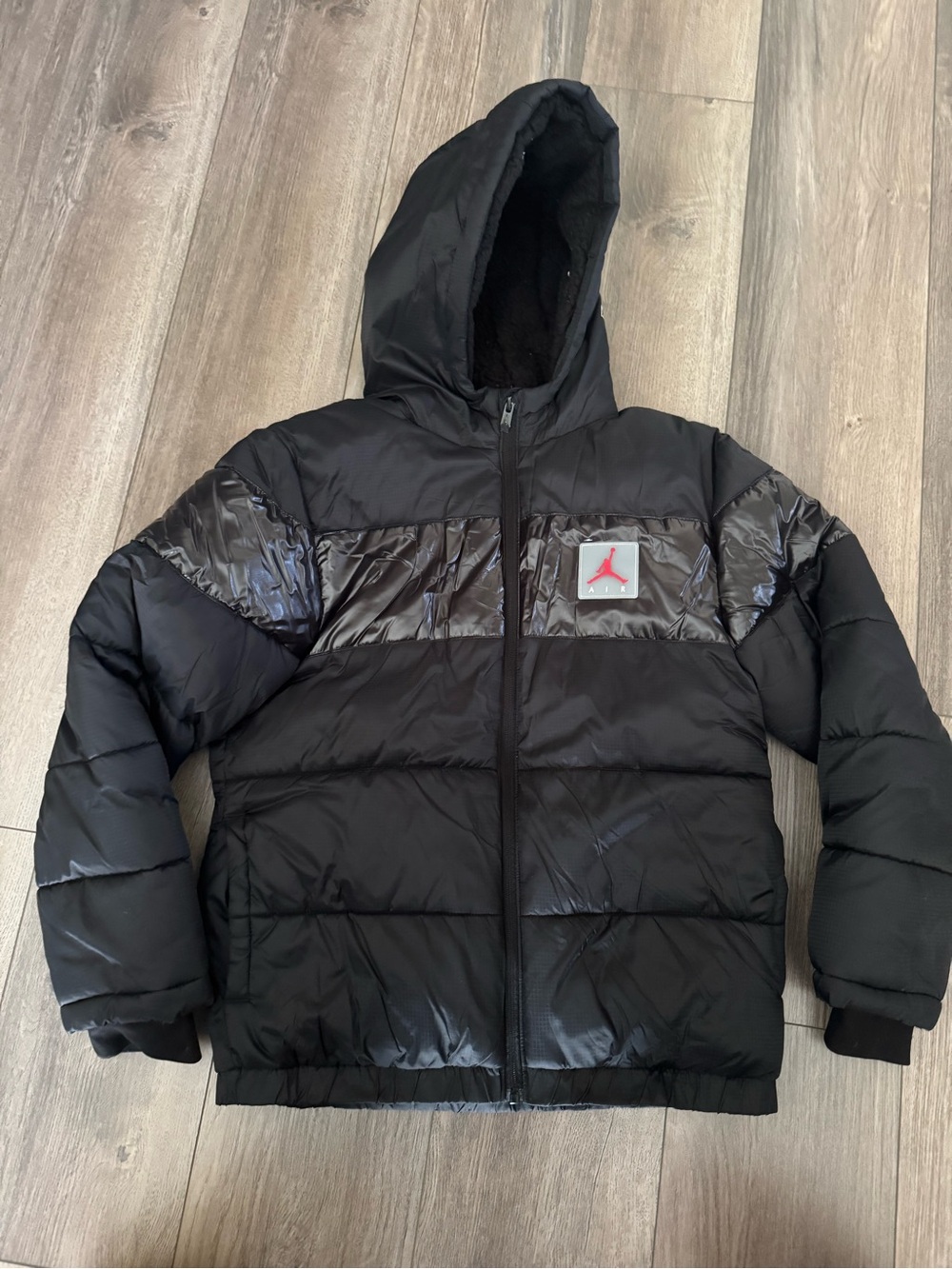Jordan Kids Black Hooded Puffer Coat with Logo Patch